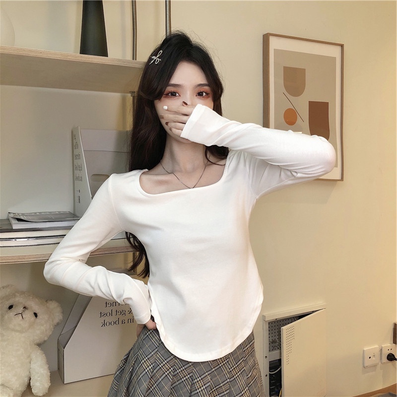 NRVP Áo thun nữ dài tay dáng rộng màu trơn thời trang Hàn Quốc