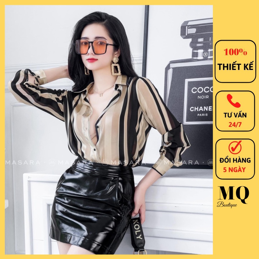 Áo sơ mi nữ lụa tằm dài tay cao cấp công sở họa tiết sọc đen nâu dáng cơ bản thanh lịch, áo sơ mi thiết kế MQ Boutique