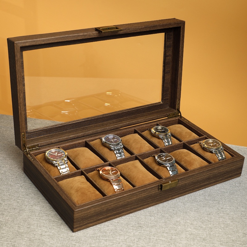 Hộp khay đựng đồng hồ bằng gỗ bọc da có nắp đậy cao cấp, sang trọng