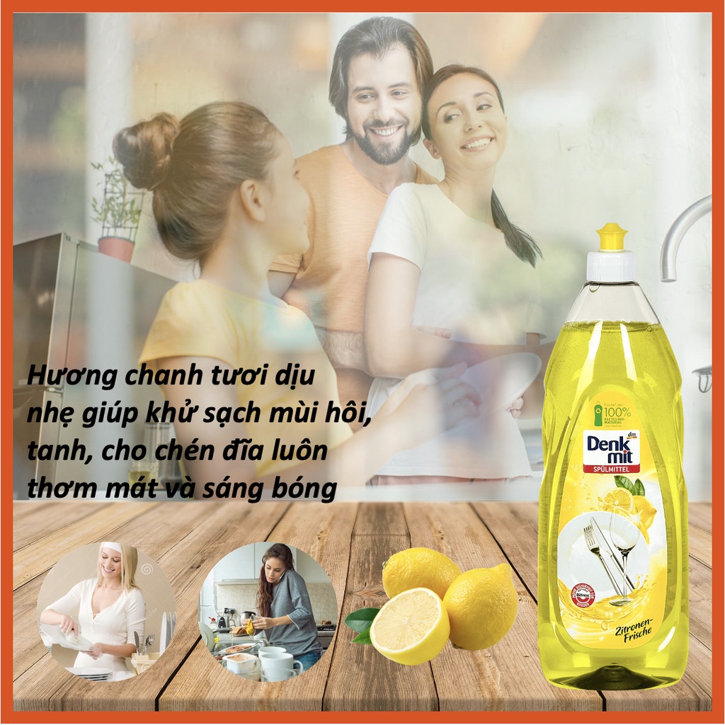 Nước rửa chén bát Denkmit nhập khẩu Đức chai 1 lít hương Chanh thích hợp cho da nhạy cảm