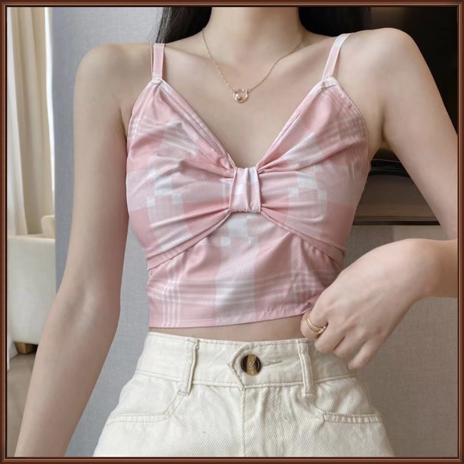 Áo Croptop Hai Dây Không Tay Thắt Nơ Họa Tiết Sọc Caro Thời Trang Mùa Hè Cho Nữ