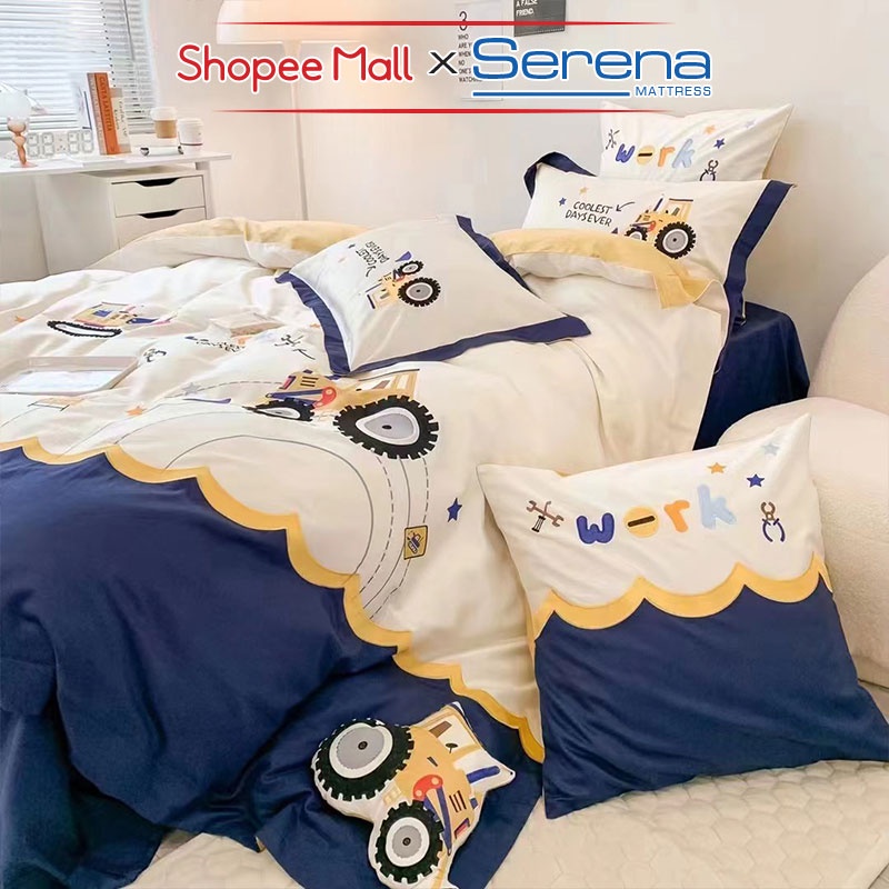 Bộ Ga Giường Chần Bông Full 5 Món Lụa Satin Thêu SERENA MATTRESS Chăn Ga Ra Drap Gối Đệm Nệm Trải Phủ Giường Trần Bông