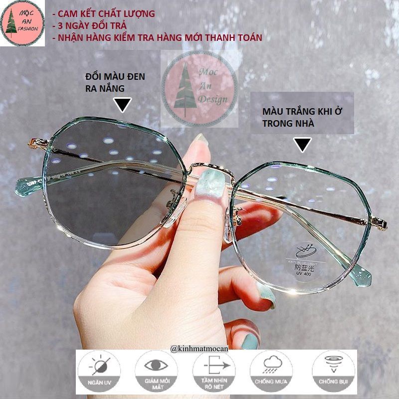 (Y8) Kính cận 0-4 độ đổi màu khi ra nắng MOCAN gọng lục giác chống cận, chống tia cực tím UV400 cho mặt tròn mặt vuông