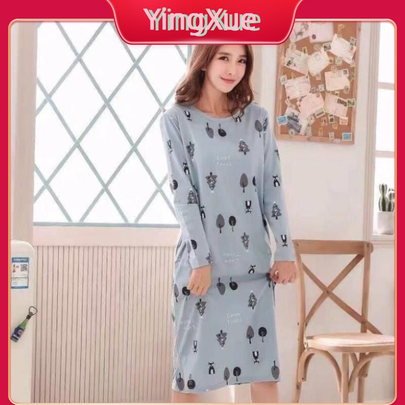 Đầm Ngủ Dài Qua Gối Tay Dài Phong Cách Ins Hàn Quốc Ngọt Ngào Có Size Lớn Cho Nữ