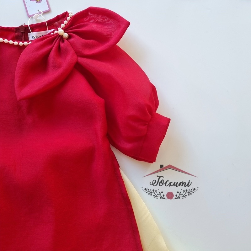 Áo dài cách tân cổ nơ đỏ đính châu cao cấp - Tocxumi