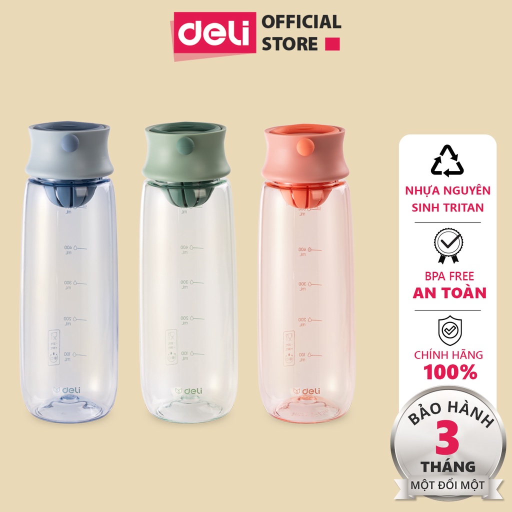 Bình nước nhựa Deli - Nhựa Tritan an toàn, BPA free, Đa dụng khi đi học, đi chơi, thể thao 460 / 610 ml