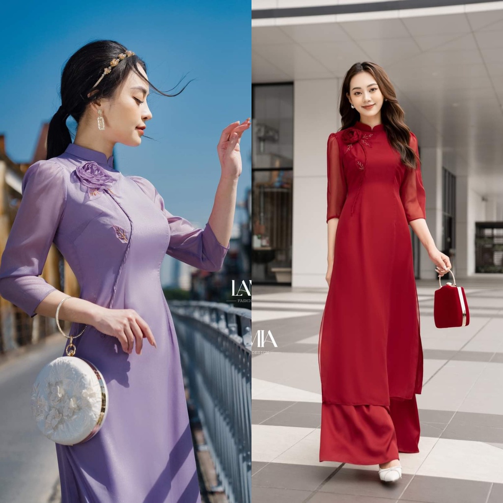 Áo dài cách tân nữ tay lỡ đính hoa ngực mã KD011