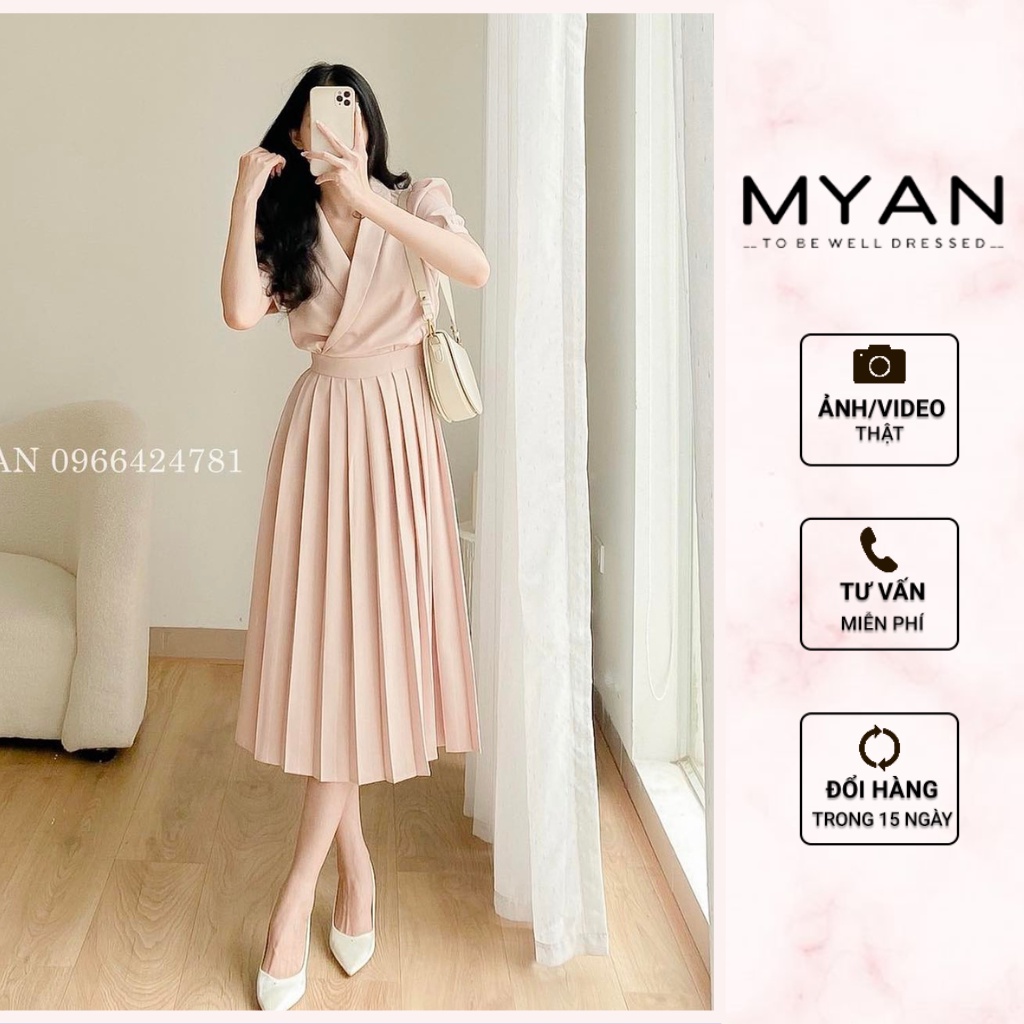 Váy Công Sở Xếp Ly Cổ Vest Dáng Dài MYAN Thiết Kế Đầm Chiết Eo Ngắn Tay Tôn Dáng Váy Xếp Ly Sang Xịn Mịn VVN102201