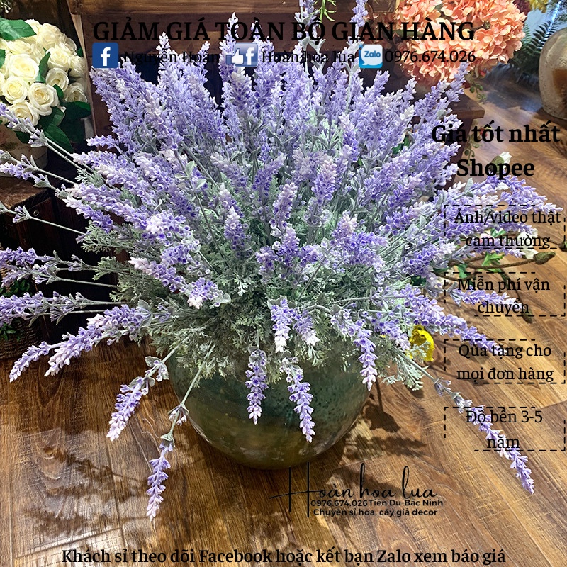 Hoa Lavender_Cành hoa giả Lavender 3 nhánh cao 50cm thân phủ phấn trắng giống thật loại 1, phù hợp trang trí nhà cửa