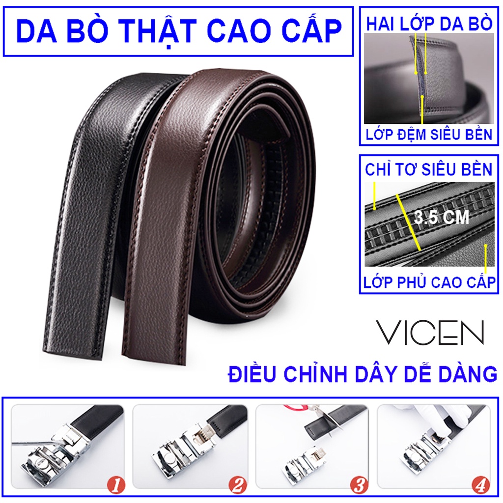 Thắt Lưng Nam Da Bò Thật VICENZO Cao Cấp Khóa Tự Động Hợp Kim Chống Rỉ Có BH Lỗi 1 Đổi 1, Dây Nịt Thắt Lưng Da Bò Nam