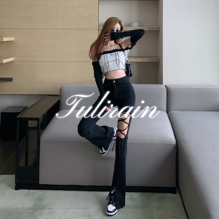 Tulirain Quần jeans Đen Xẻ Tà Phong Cách Hong Kong Cho Nữ