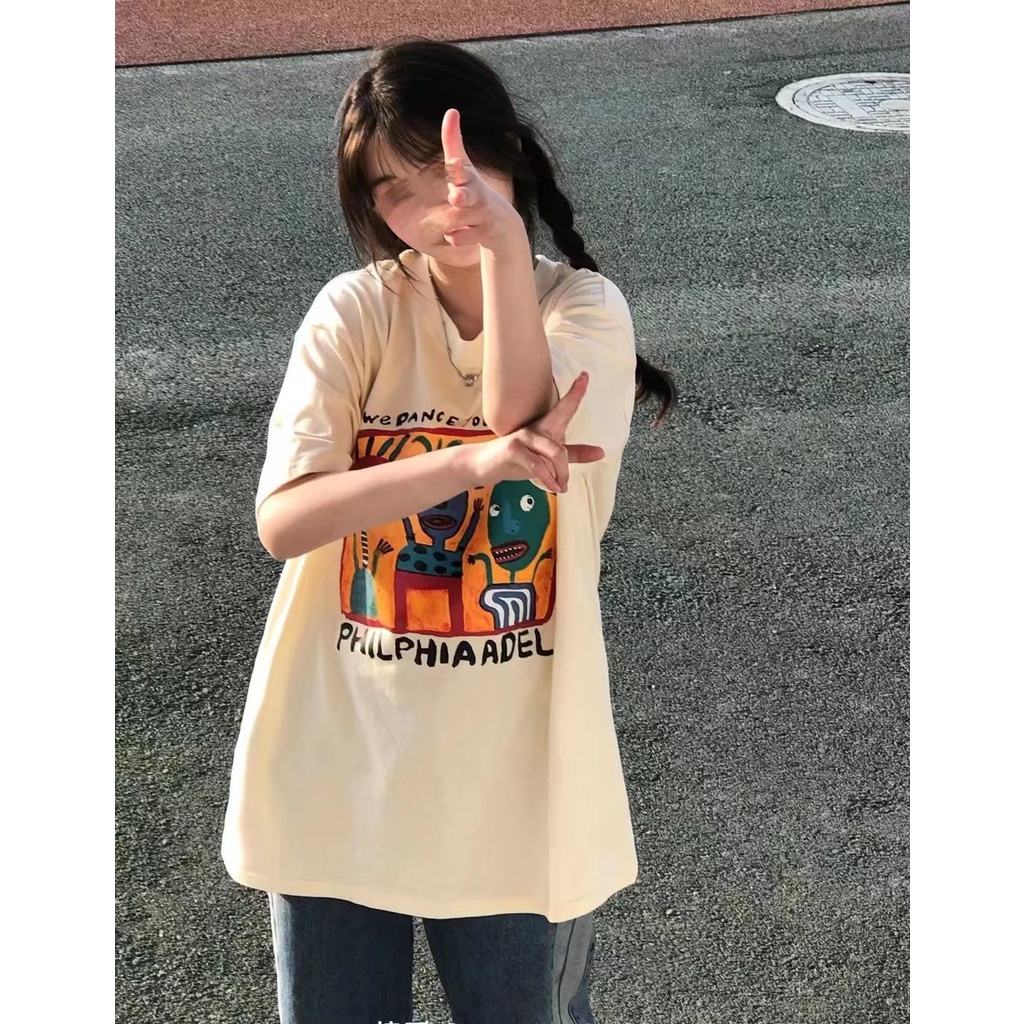 NRVP Áo thun tay ngắn dáng rộng in hình phong cách Hàn Quốc thời trang mùa hè unisex
