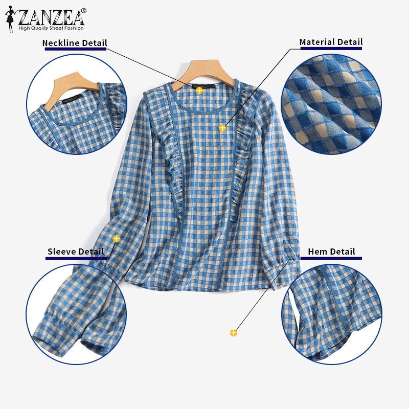 ZANZEA Áo Kiểu Dài Tay Cổ Tròn Phối Bèo Họa Tiết Caro Thời Trang Cho Nữ