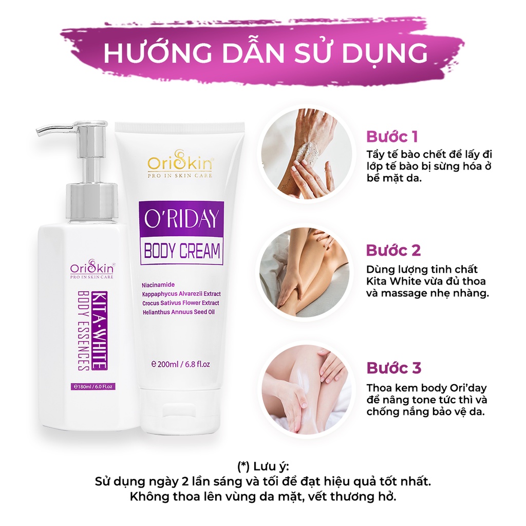 Bộ Dưỡng Trắng, Cấp Ẩm Body Gồm Sữa Dưỡng Trắng Da Kita White Body Essences Và Kem Dưỡng Da Body Ori’day Body  Cream