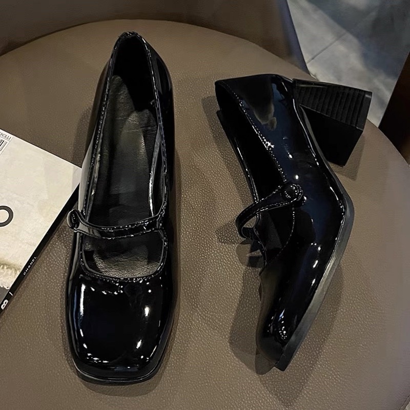 Giày Mary Jane Đen Da PU Đế Vuông Cao 7 Phân Dây Mảnh Nữ Tính Hàn Quốc Dễ Thương lemona.vn