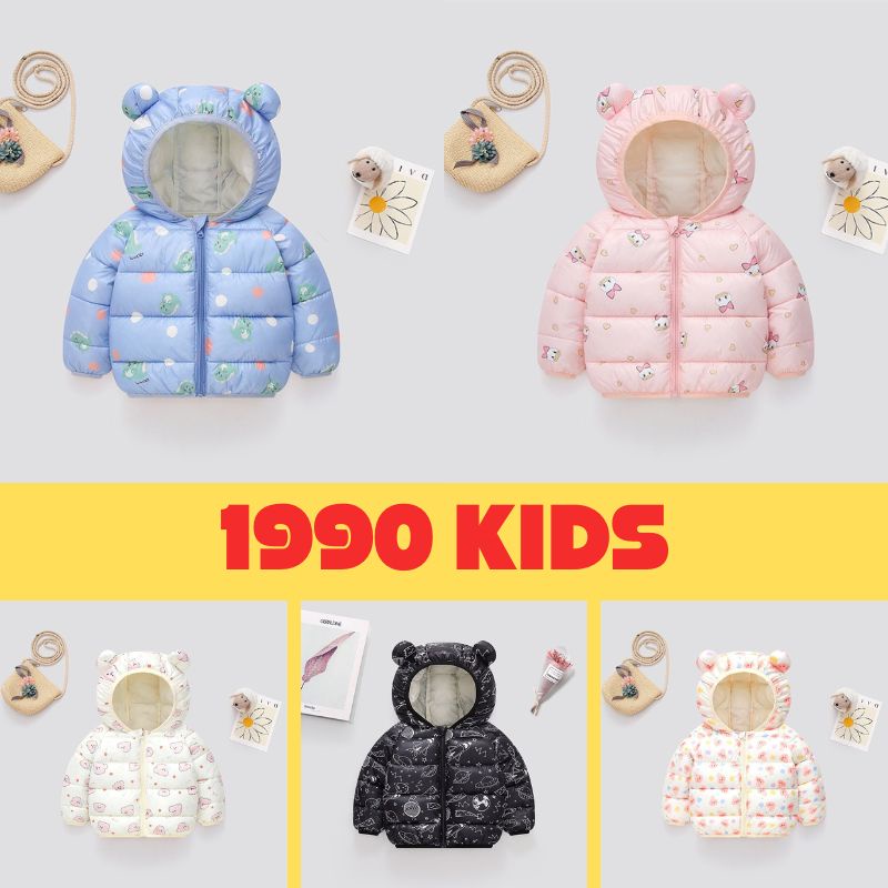 Áo khoác cho bé, áo phao gấu họa tiết hoạt hình cho bé trai bé gái mặc đi học đi chơi 1990 KIDS size 9-20kg