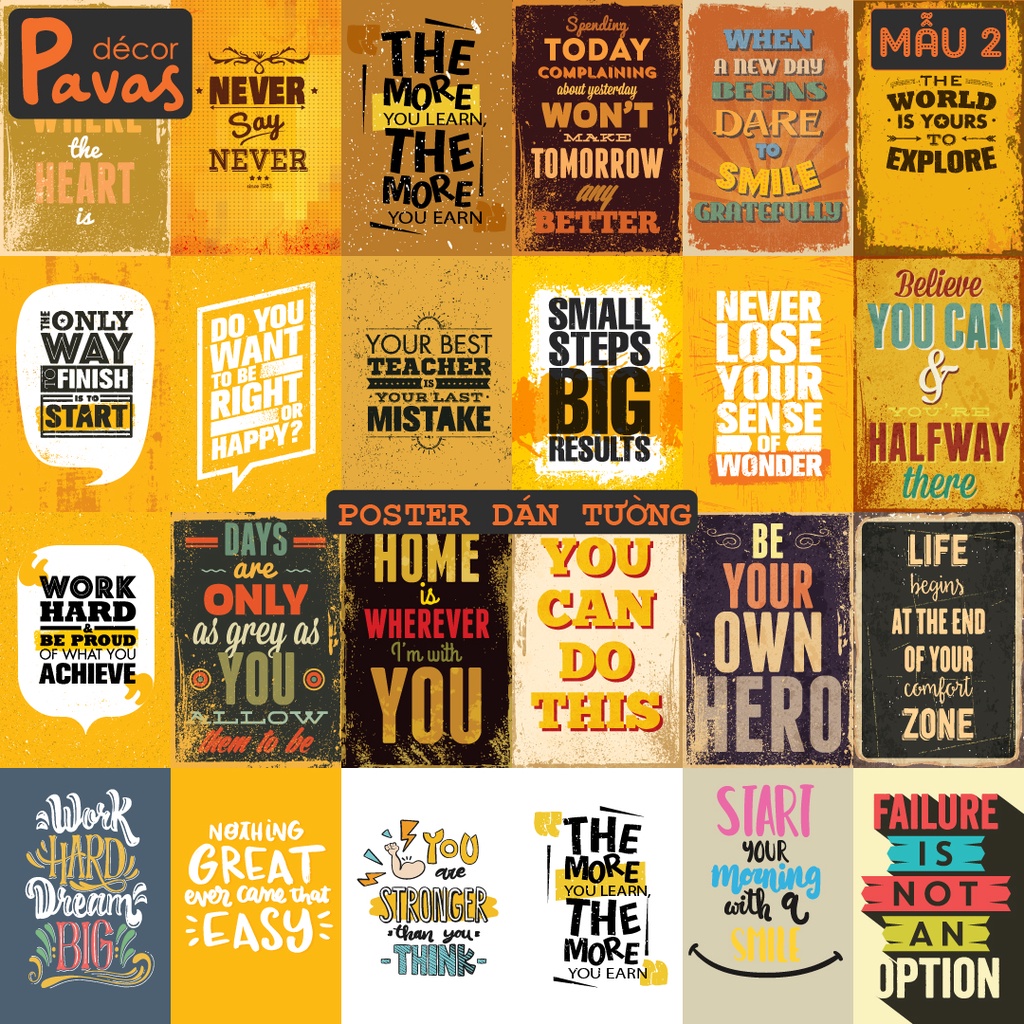 24 Tấm Decal Poster Động Lực chống nước dán tường trang trí dán quán trà sữa, cà phê, quán ăn, tủ, decor phòng. PT05
