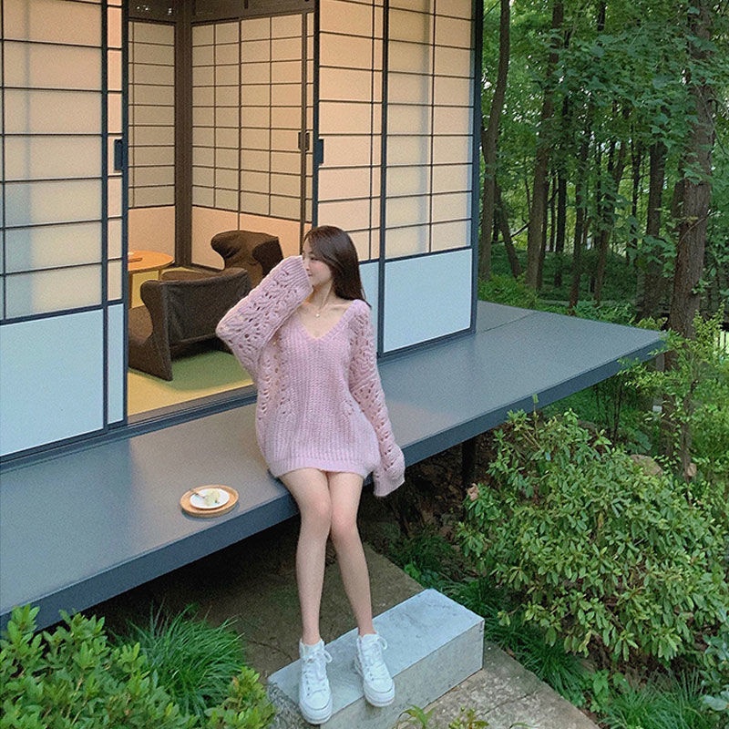 Jiashuchengv Áo Sweater Dáng Rộng Khoét Lỗ Rỗng Phong Cách Xuân Thu Mới Dễ Phối Đồ Cho Nữ