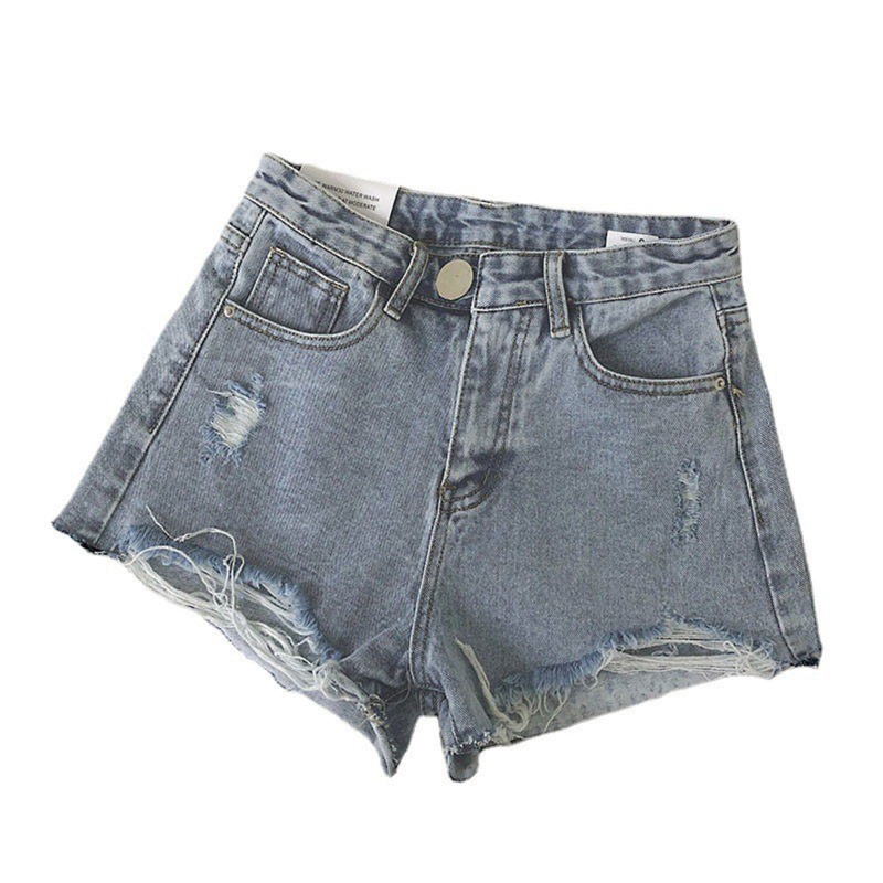 Quần Short Denim Lưng Cao Ống Rộng Phối Tua Rua Rách Cá Tính Cho Nữ