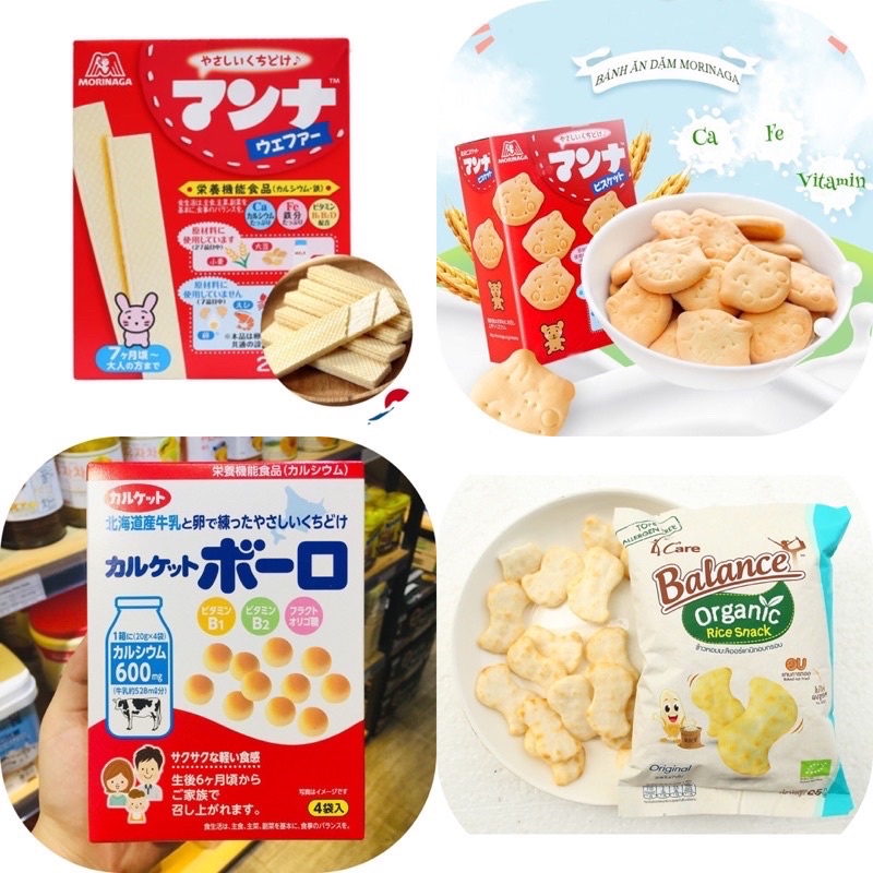 Bánh ăn dặm Morinaga, bánh gạo Haihain Nhật Bản, bánh ốc quế Glico, bánh men bi sữa Boro cho bé từ 6 tháng