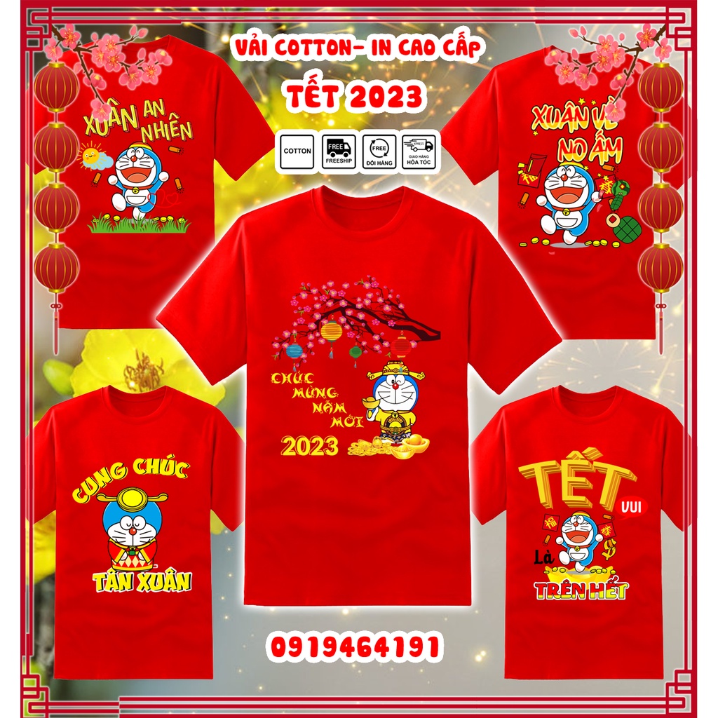 Áo thun doraemon tết quý mão 2023 màu đỏ, áo thun tết con mèo doraemon, vải dày mịn mát, in cao cấp - Có size trẻ em