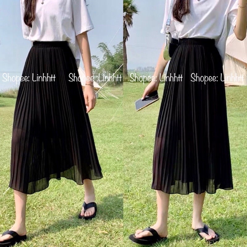 Pass/ thanh lý chân váy voan xếp ly đen trắng