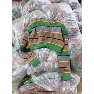 Áo len kẻ sọc dáng croptop phối màu tay dài hàng QC! (hàng sẵn)
