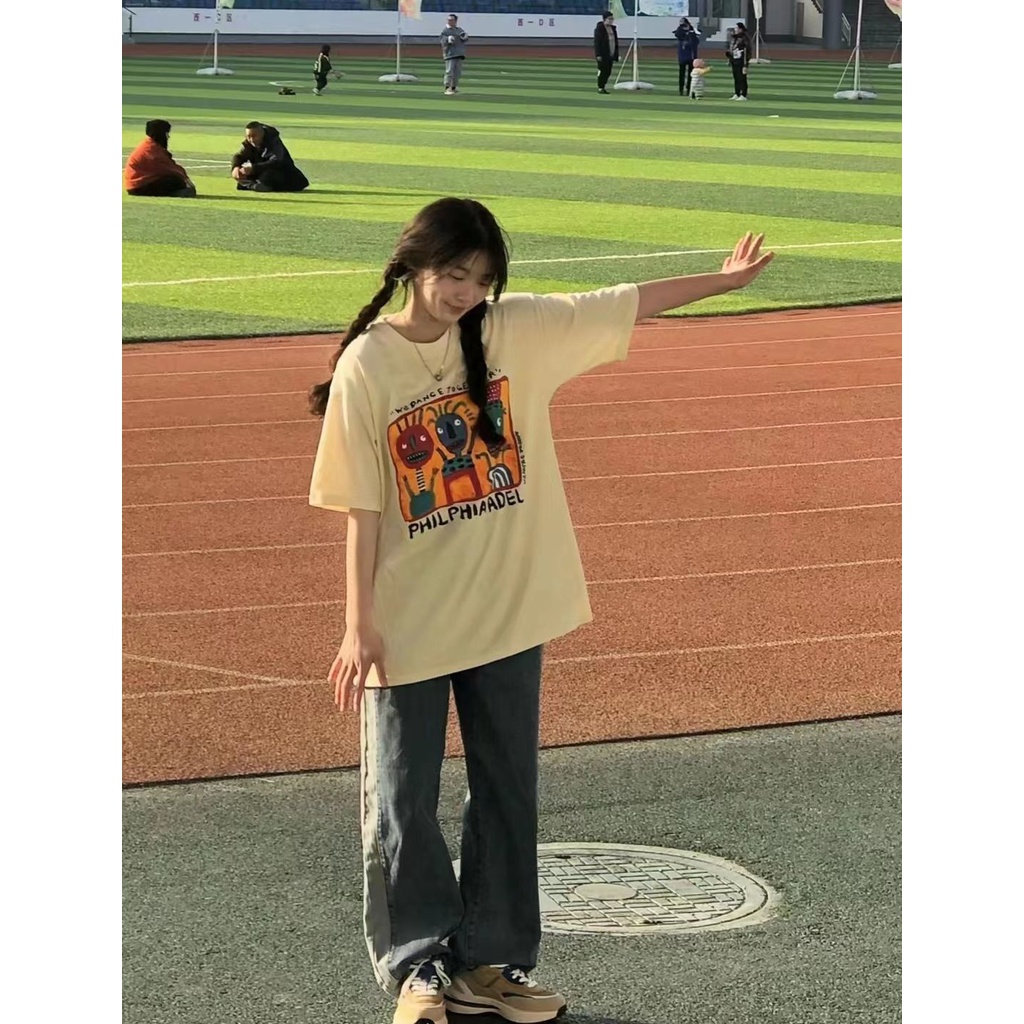 NRVP Áo thun tay ngắn dáng rộng in hình phong cách Hàn Quốc thời trang mùa hè unisex