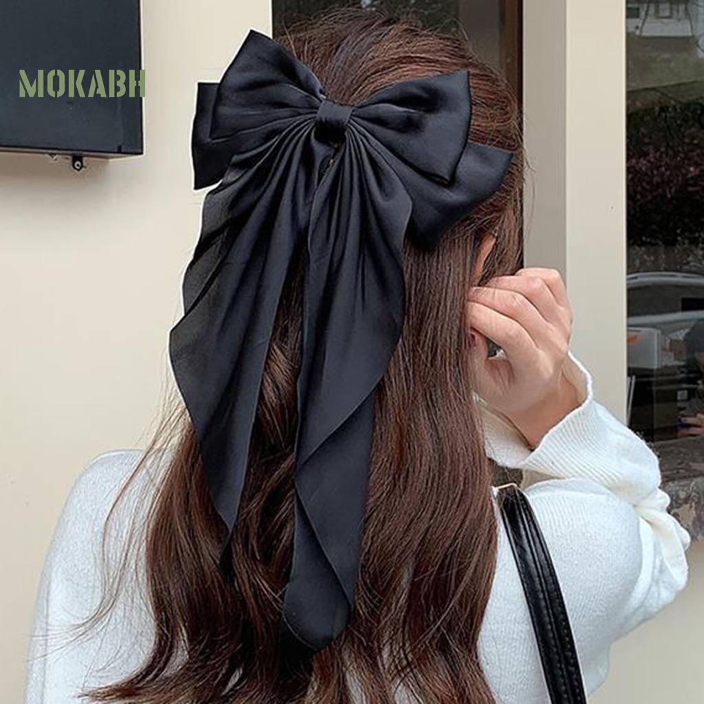 Kẹp Tóc Đuôi Ngựa Bằng Satin Hai Lớp Thắt Nơ Lớn Màu Trơn Thanh Lịch Cổ Điển Dành Cho Bạn Nữ