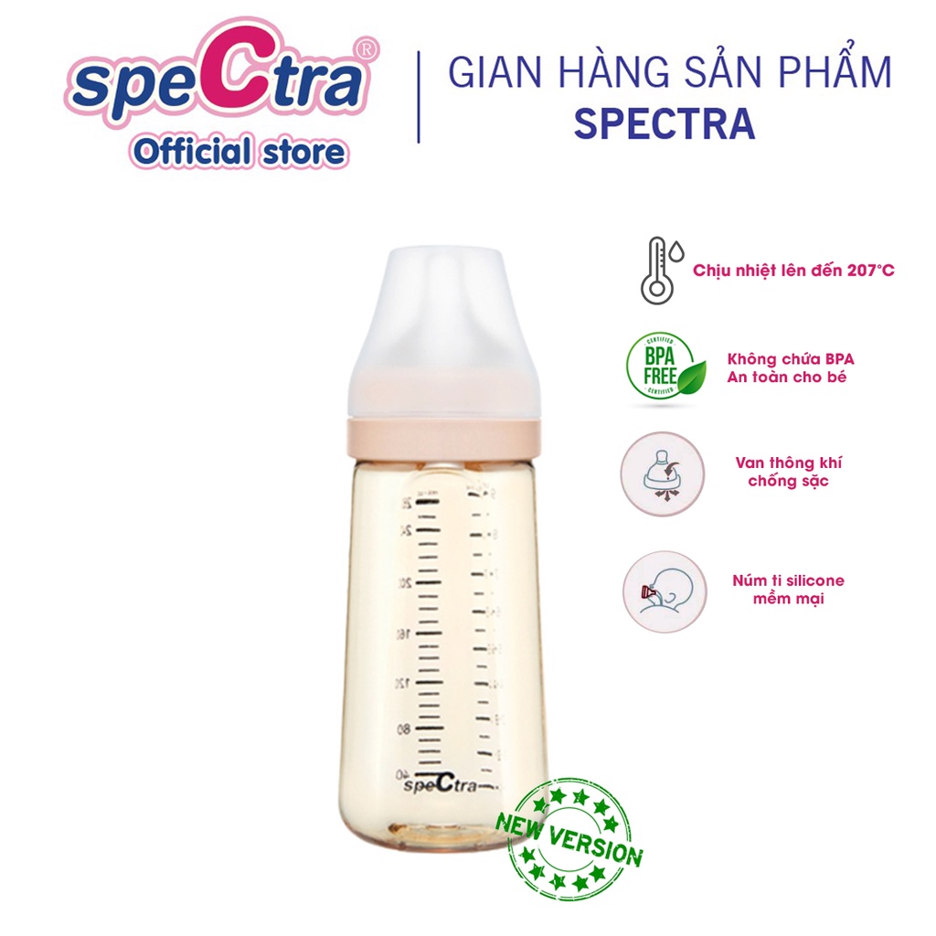  Bình sữa PPSU cổ rộng Spectra 260ml kèm núm ti size M/L/XL HÀN QUỐC