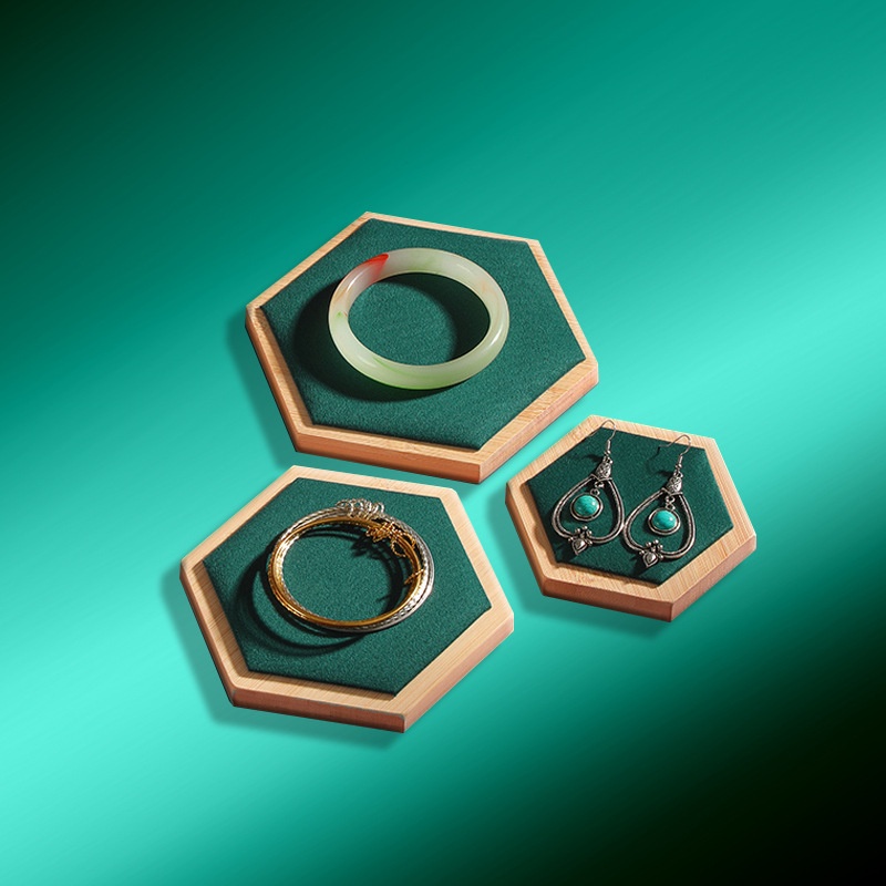 Đế gỗ bọc da/vải nhung để trưng bày trang sức, đá phong thủy, vật dụng sang trọng - Bộ gồm 3 đế hình lục giác