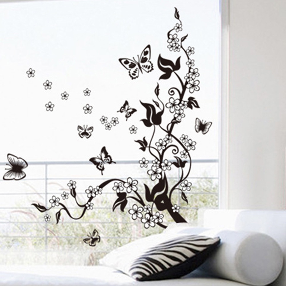Miếng Dán Tường Trang Trí Hình Hoa &amp; Bướm Màu Đen DIY