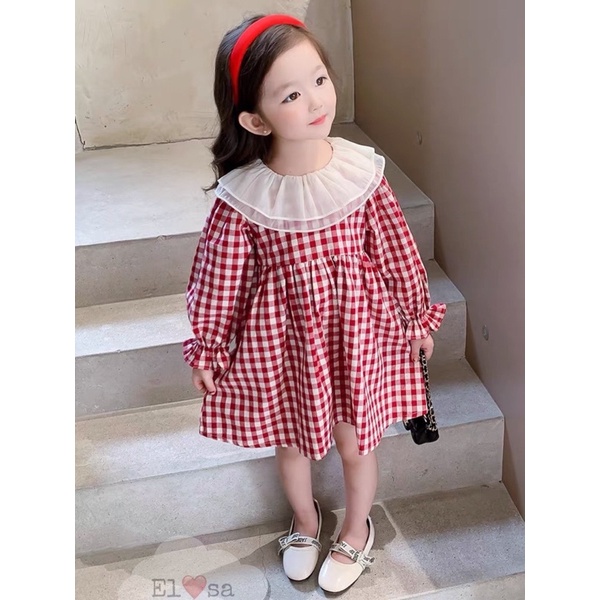 Váy kẻ caro babydoll phối cổ trắng cho bé gái Bách Nhật shop