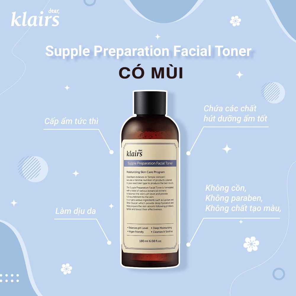 Toner Klairs - Nước hoa hồng Dear, Klairs Supple Preparation Unscented / Facial Toner 180ml (Không Mùi / Có Mùi) | BigBuy360 - bigbuy360.vn