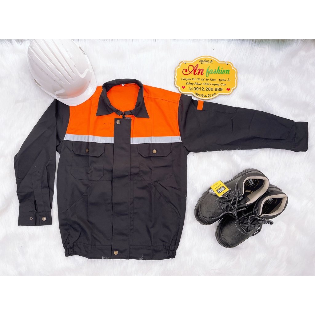 Đồ bảo hộ lao động, Quần áo công trình vải kaki may đẹp màu đen phối cam _ Hình chụp thật
