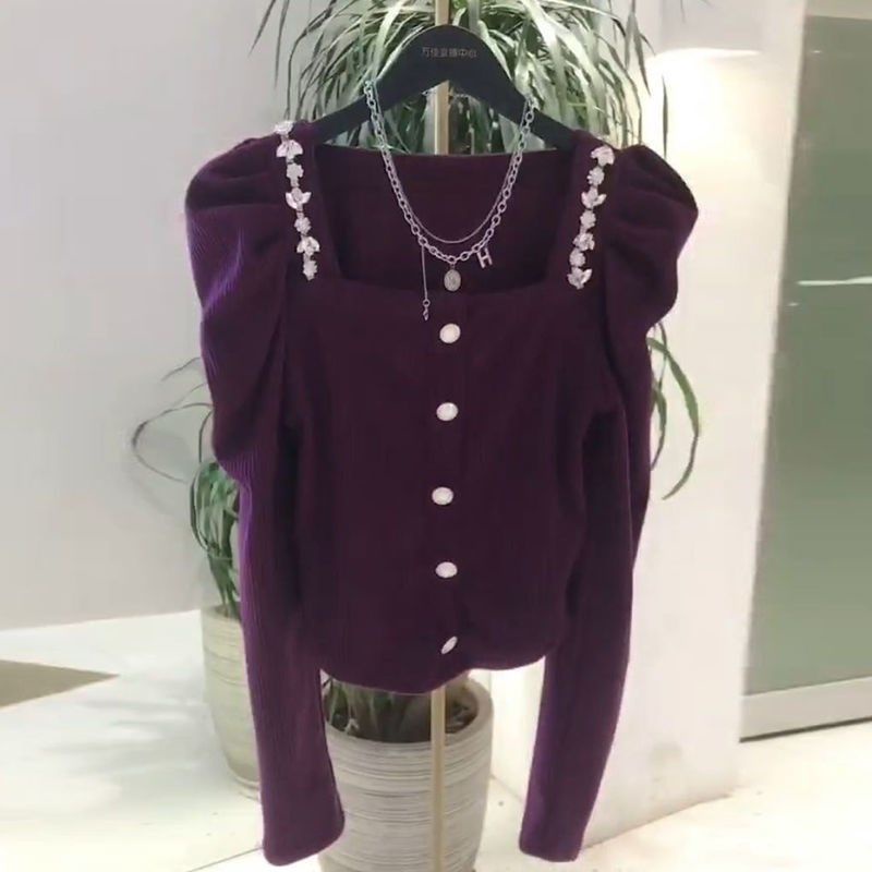 Áo Kiểu Cổ Vuông Tay Phồng Đính Đá Phong Cách Pháp Thời Trang Thu Đông 2022 Mới Cho Nữ