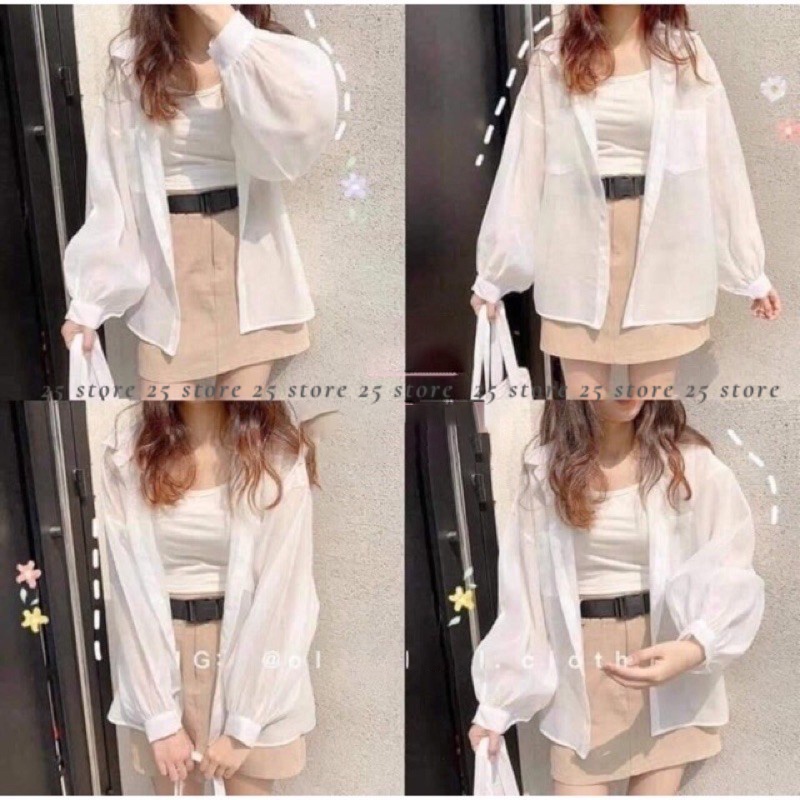 Set áo sơ mi voan mỏng kèm áo 2 dây thun bozip êm đẹp