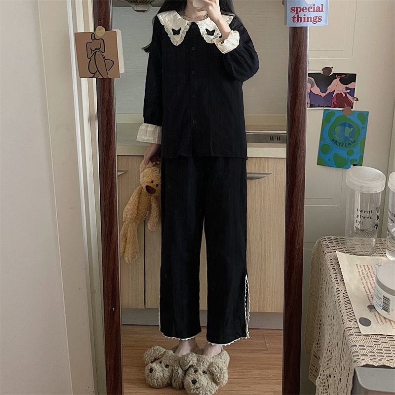 Bộ Đồ Ngủ Dài Tay Màu Đen Đính Nơ Thời Trang Xuân Thu Cho Nữ