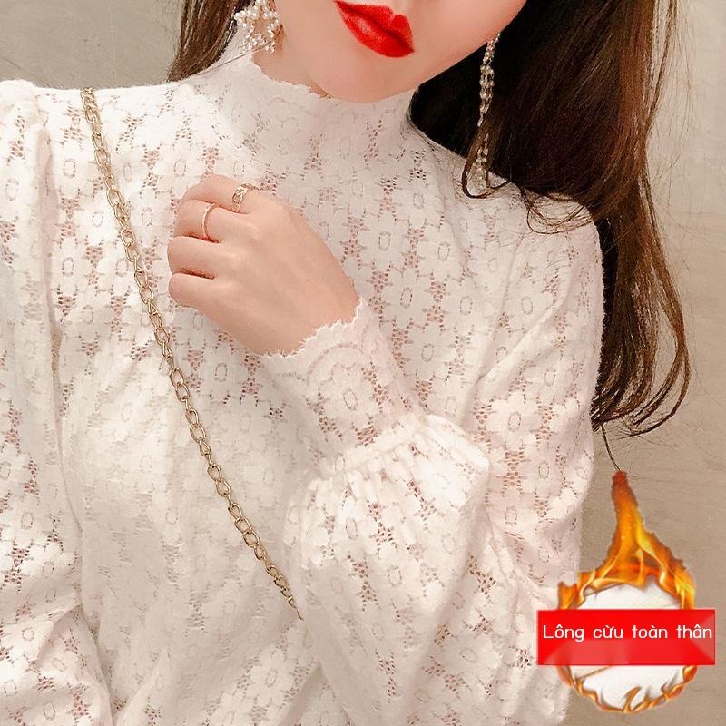 Áo Thun Trắng Tay Dài Cổ Lọ Phối Ren Thời Trang Thu Đông Phong Cách Phương Tây Mới Cho Nữ