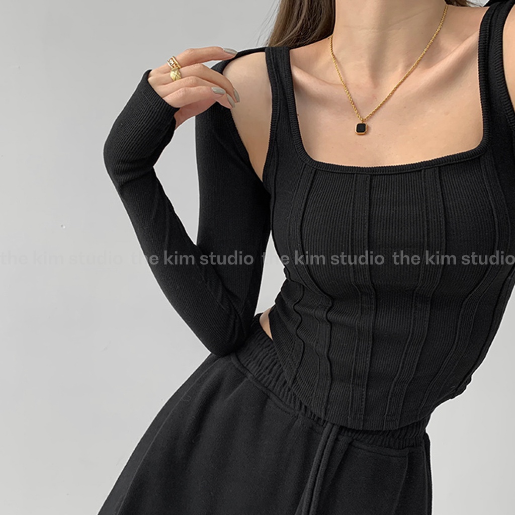 Set áo croptop len tăm dài tay kiểu corset , bộ 2 món thun hai dây cổ vuông và tay áo rời TheKim SA158 | BigBuy360 - bigbuy360.vn