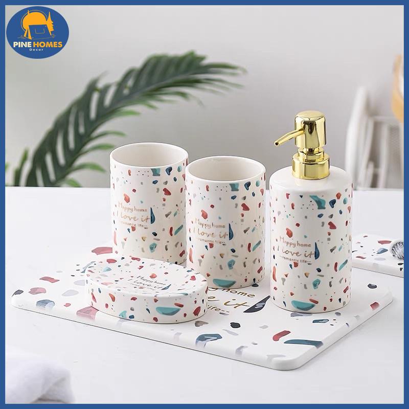 Bộ Đồ Dùng Nhà Tắm Gốm Sứ Kèm Khay Màu Sắc Trẻ Trung