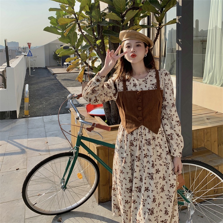 IELGY   Đầm Dài Cổ Tròn In Họa Tiết Hoa Phong Cách Hàn Quốc Cho Nữ