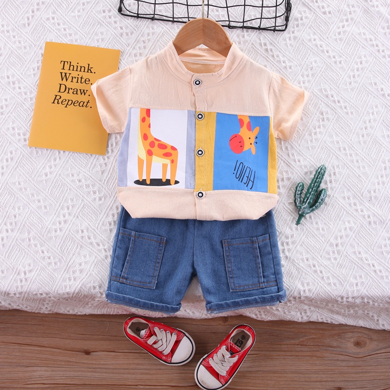 Set Đồ 2 Món Gồm Áo Thun Tay Cộc In Họa Tiết Hoạt Hình + Quần Ngắn denim Cho Bé Trai