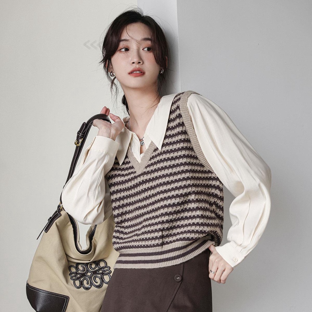 Hàng Sẵn_ Áo len dệt kim hai mảnh dài tay cổ bẻ Hadu shop