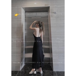 Đầm 2 dây nữ dáng dài xòe chất thun lụa kiểu có mút hở lưng