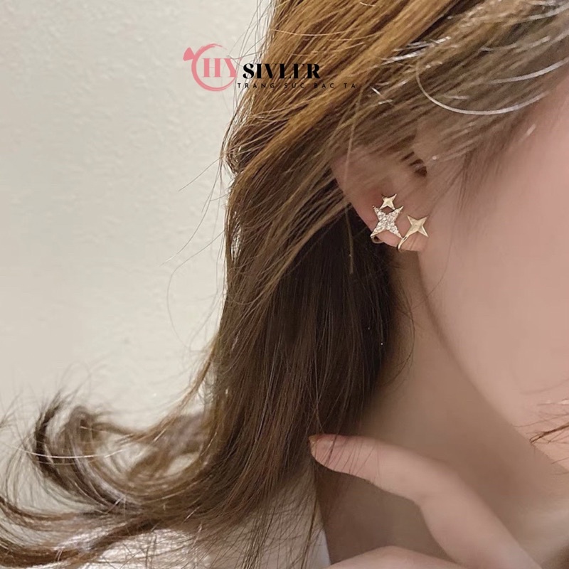Bông tai bạc ta dạng kẹp vành tai hình 3 ngôi sao đính đá sang chảnh cá tính bông tai nữ bạc thật giá rẻ