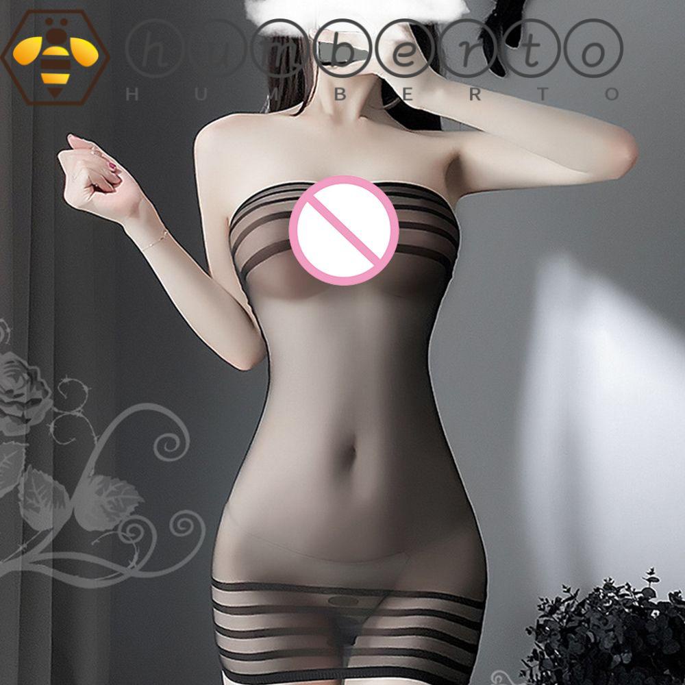 HUMBERTO Women Lingerie Dress Perspective Novelty Sexy Apparel Stripe Solid Color Bandeau Dress Cosplay Costume