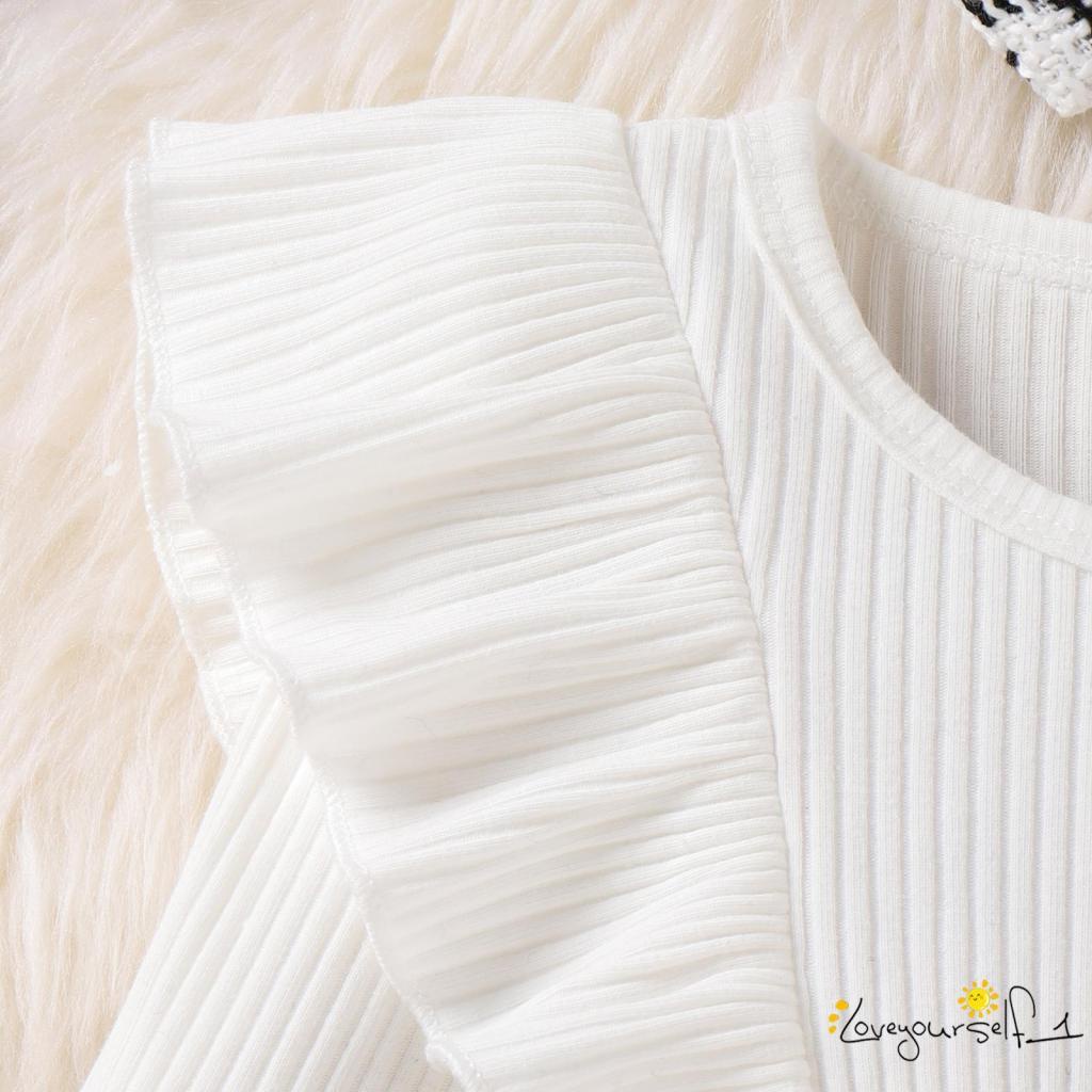 Bộ Đầm Liền Thân Tay Dài Nhún Bèo Họa Tiết Sọc Caro + Băng Đô Cài Tóc Xinh Xắn Cho Bé Gái B930G