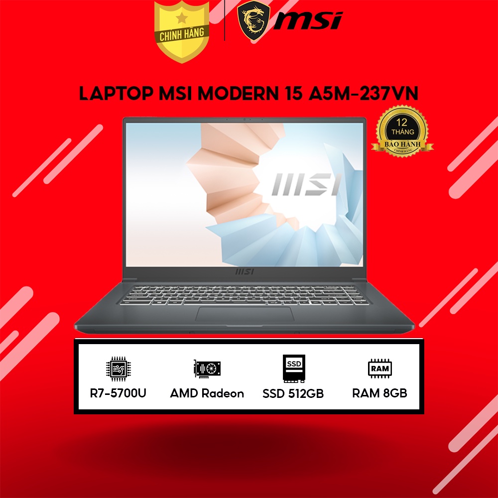 Laptop MSI Modern 15 A5M-237VN R7-5700U | 8GB | 512GB |15.6' FHD | Win 11