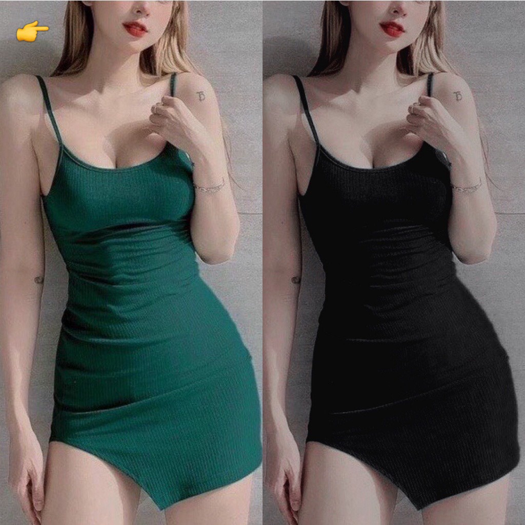Đầm body 2 dây nữ dáng ngắn chất thun gân mát mẻ kiểu lệch tà hot